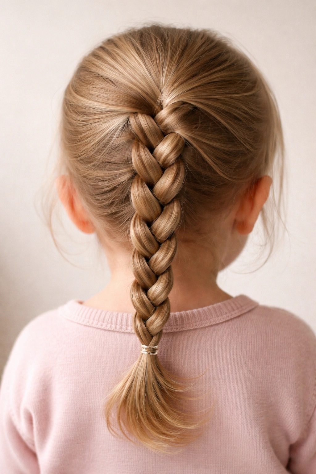Close-up of a toddler's head with a neat three-strand braid from scalp to ends