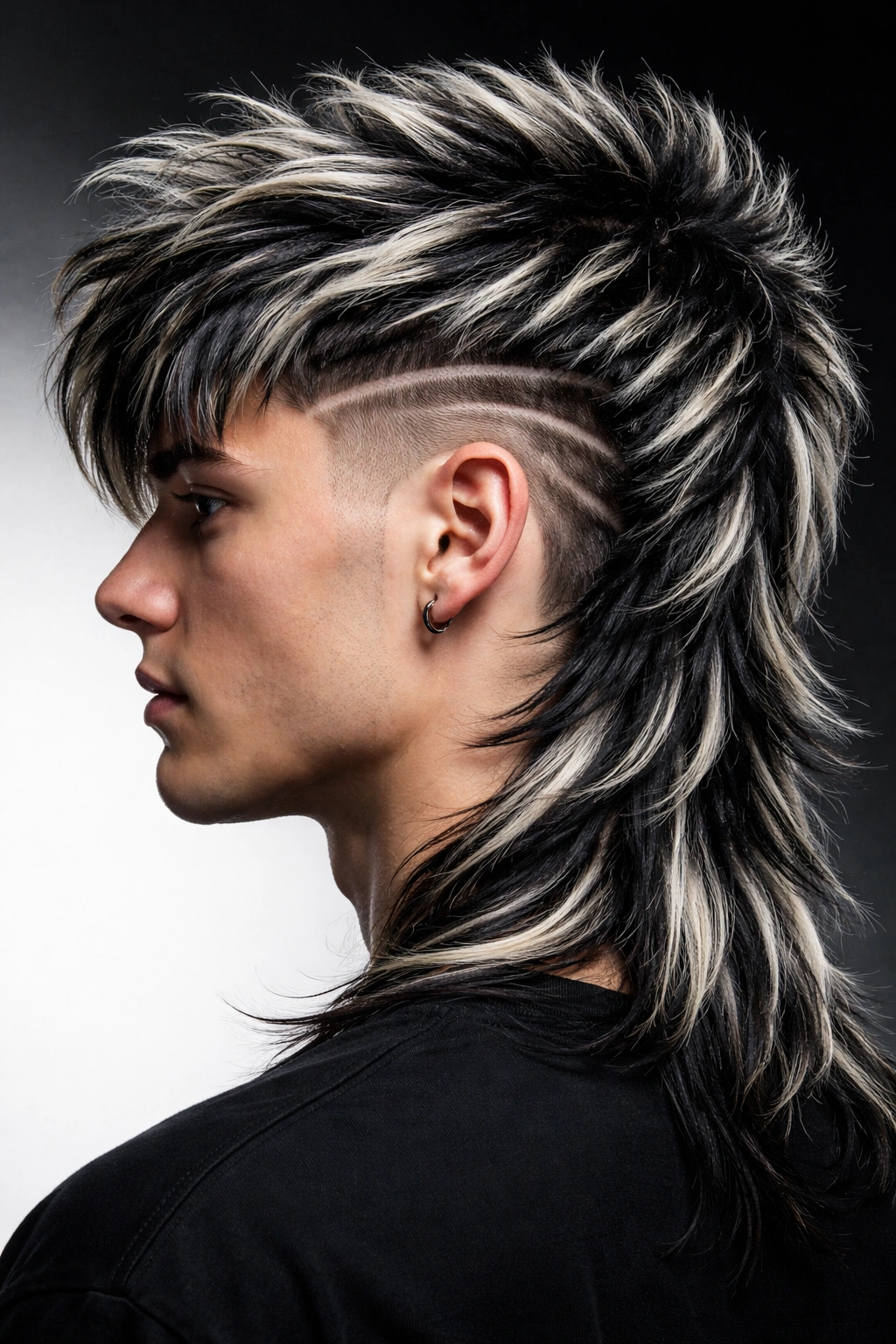 Close-up of black and silver tiger-stripe mullet with crisp undercut lines