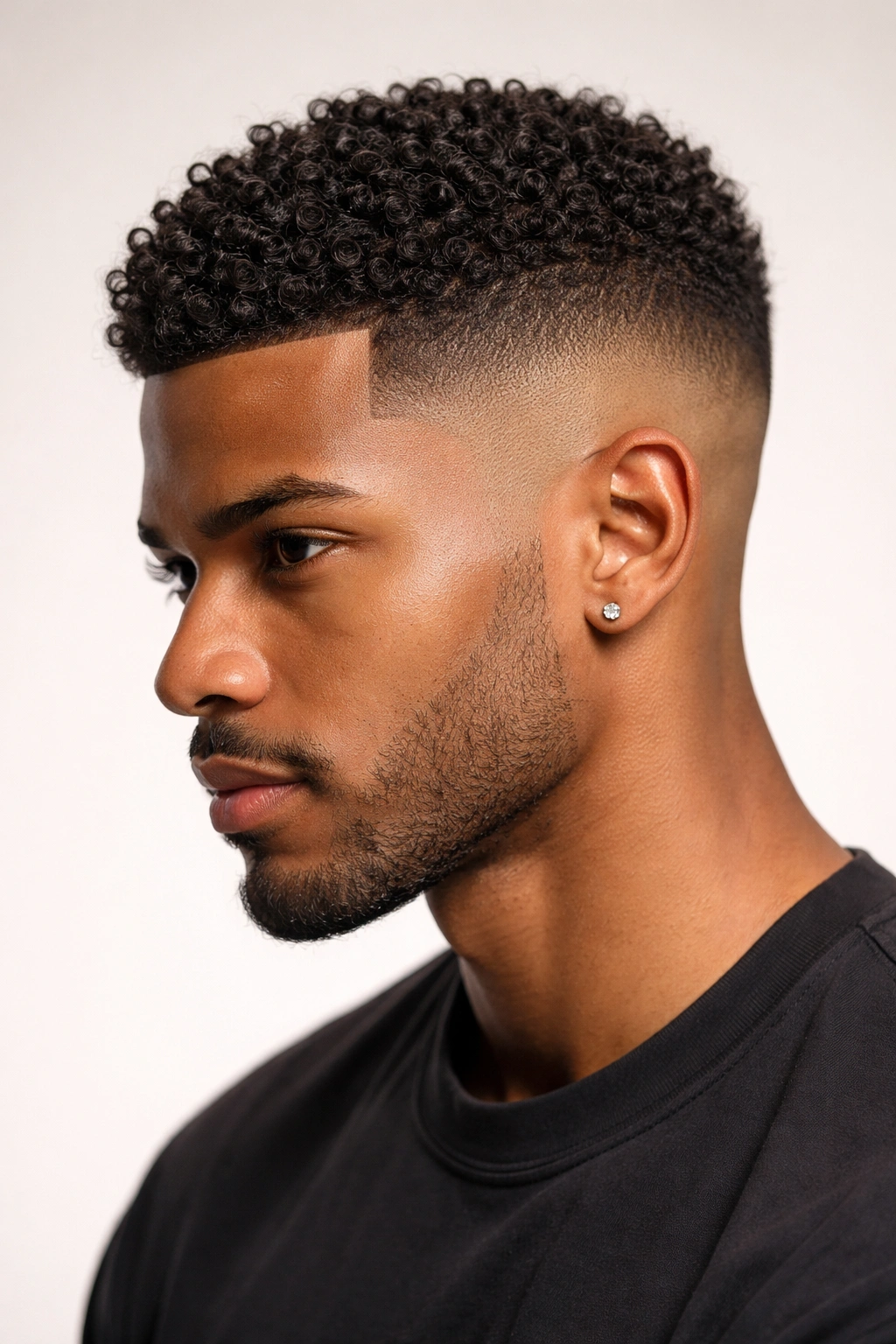 Portrait of a man with a tight fade and short curls on top