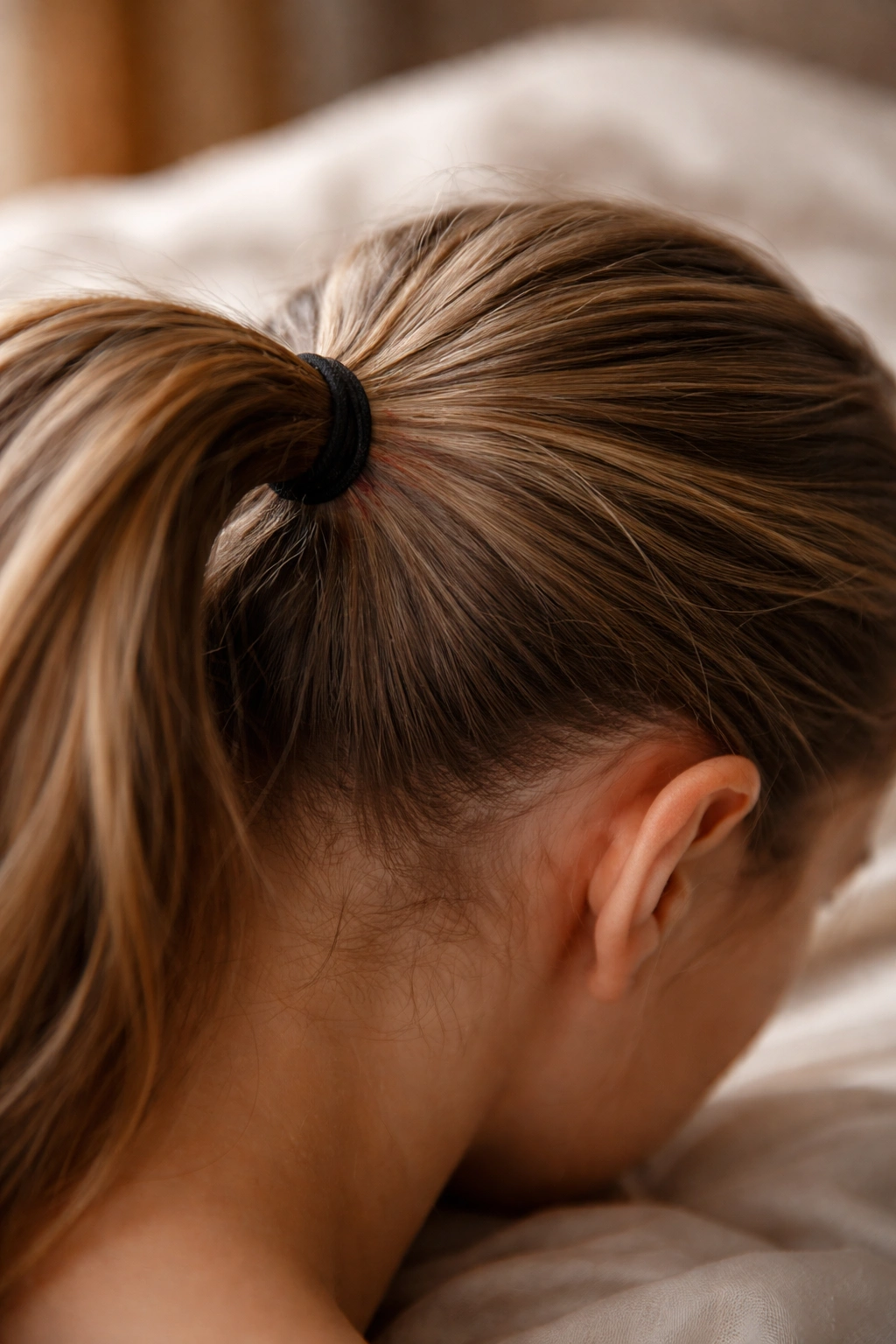 Tight ponytail with elastic digging into the scalp