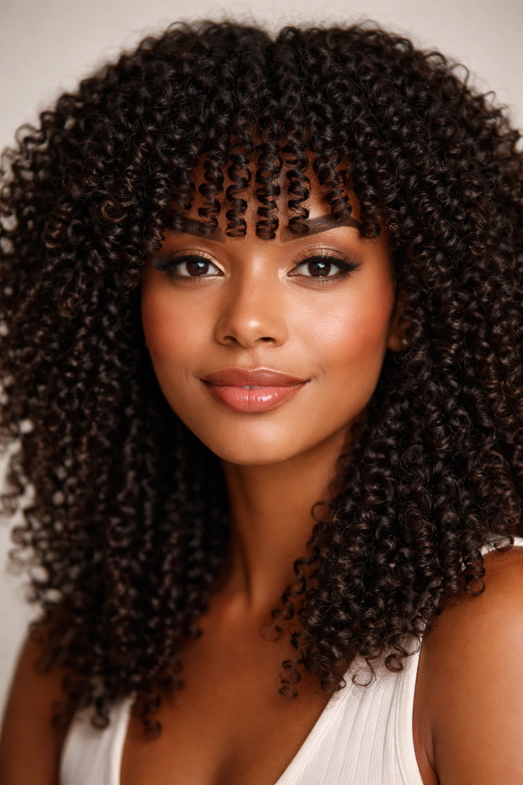 Close-up of tight spiral bangs on kinky curly hair framing the forehead.