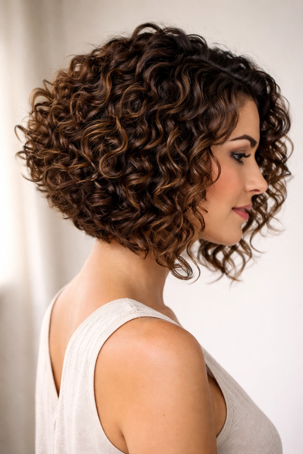 10 Angled Curly Bobs For Round And Oval Faces 1 Close-up of tight spiral curls with angled layered bob