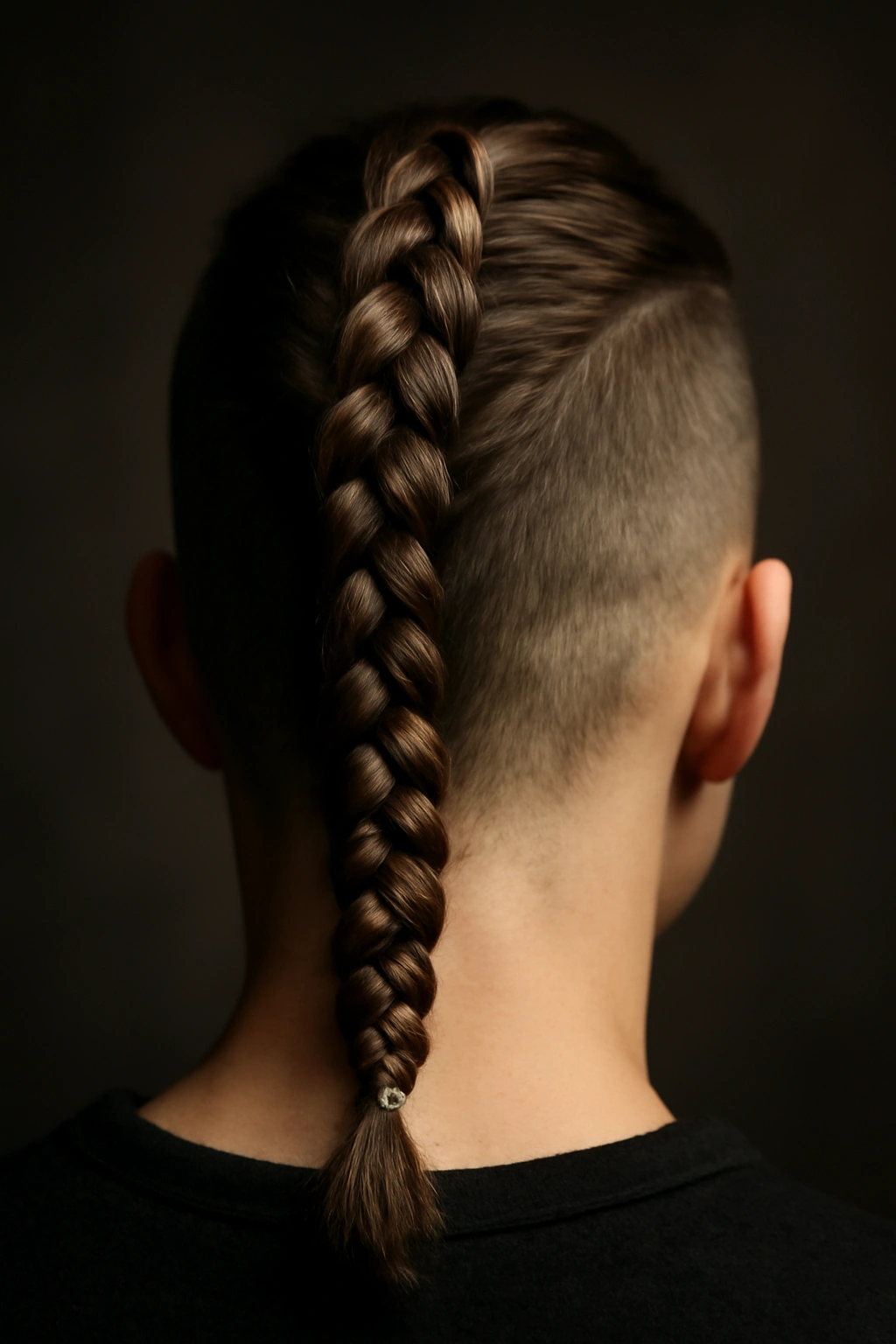 Close-up of a tight Viking knot braid at the crown on short hair with shaved sides