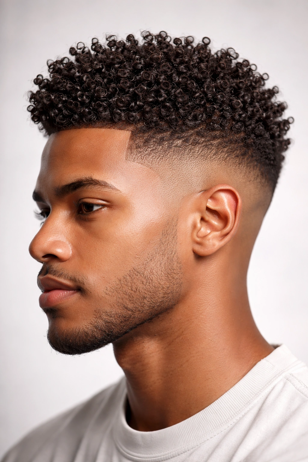 Close-up of tightly coiled fade with upright coils on top