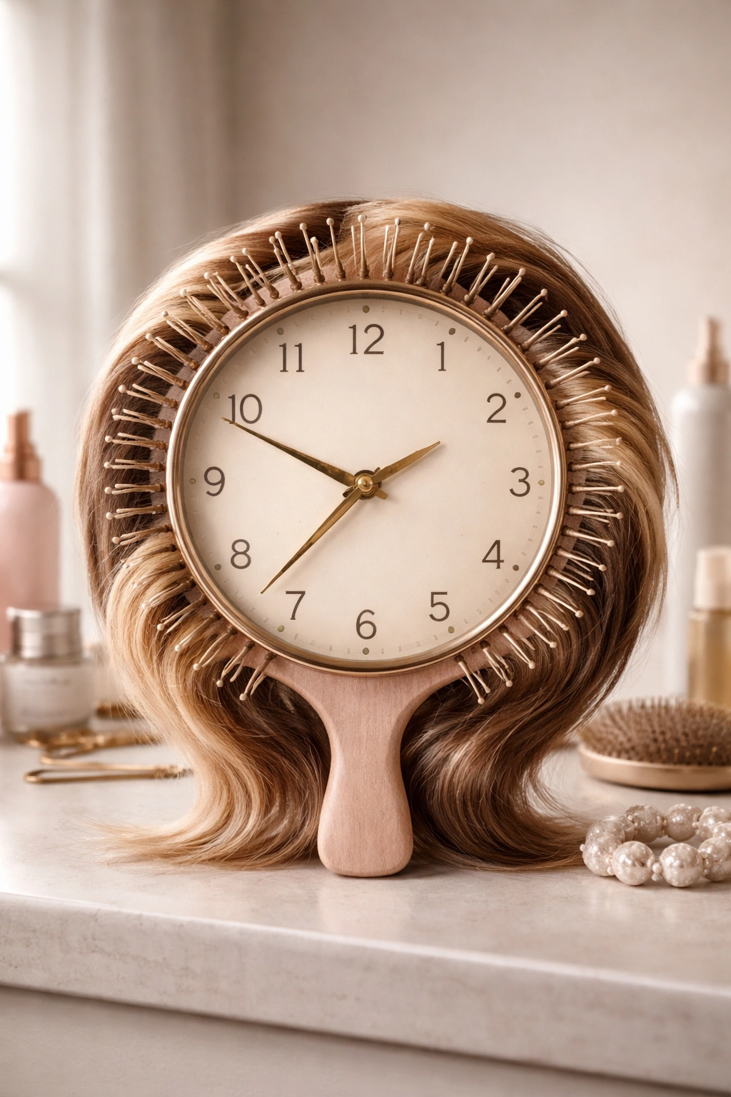 Clock with hairbrush motif representing daily hair routine time