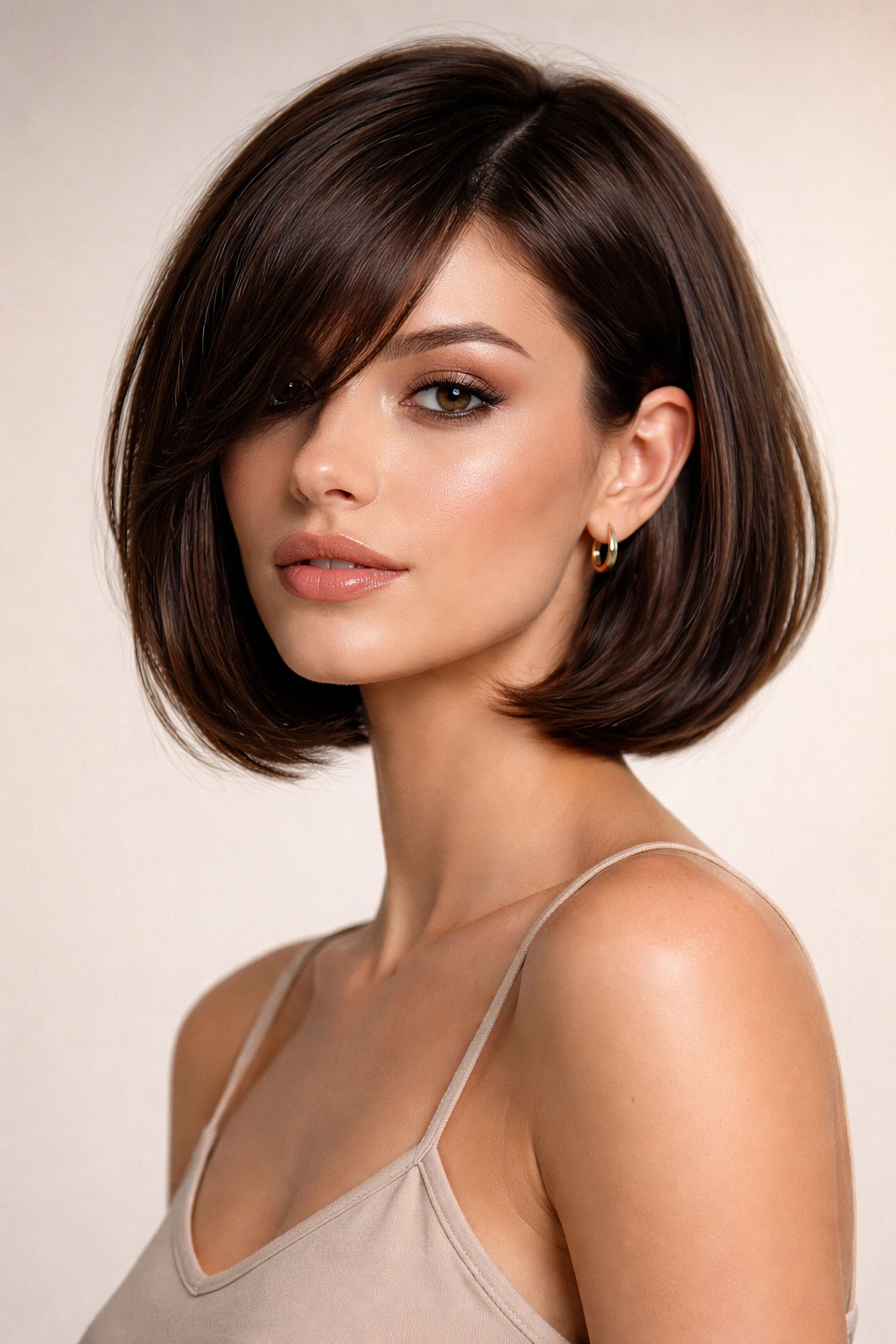 Model with a sleek blunt bob 90s silhouette in studio lighting