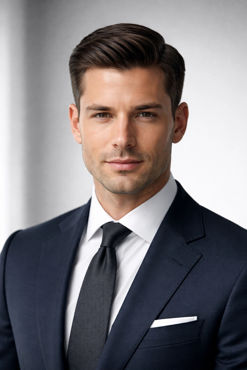 Man with a timeless formal haircut in a studio portrait