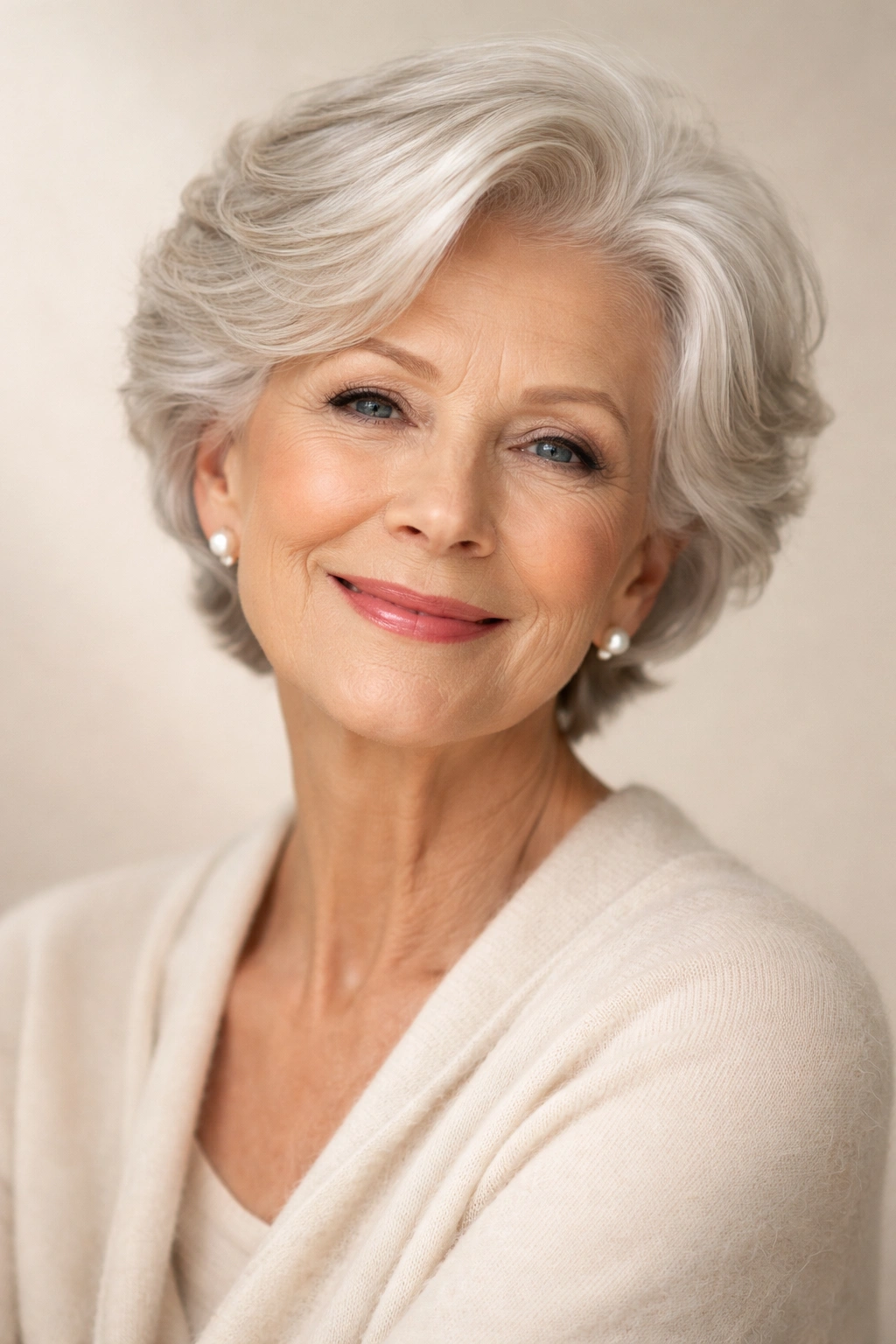 Elderly woman with timeless hairstyle in neutral studio lighting