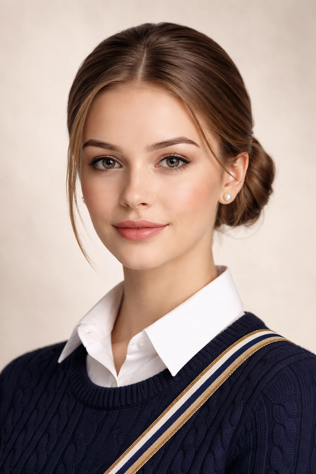 Portrait of a timeless neat preppy hairstyle like a low bun