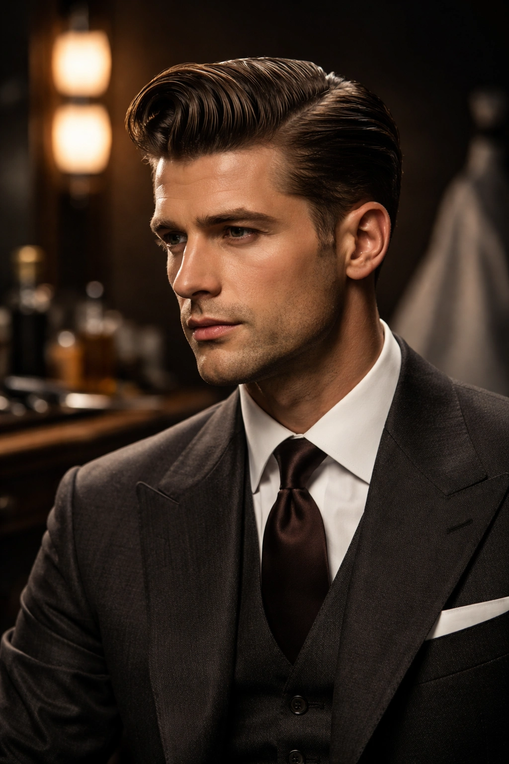 Refined portrait with classic 1950s grooming and dramatic studio lighting