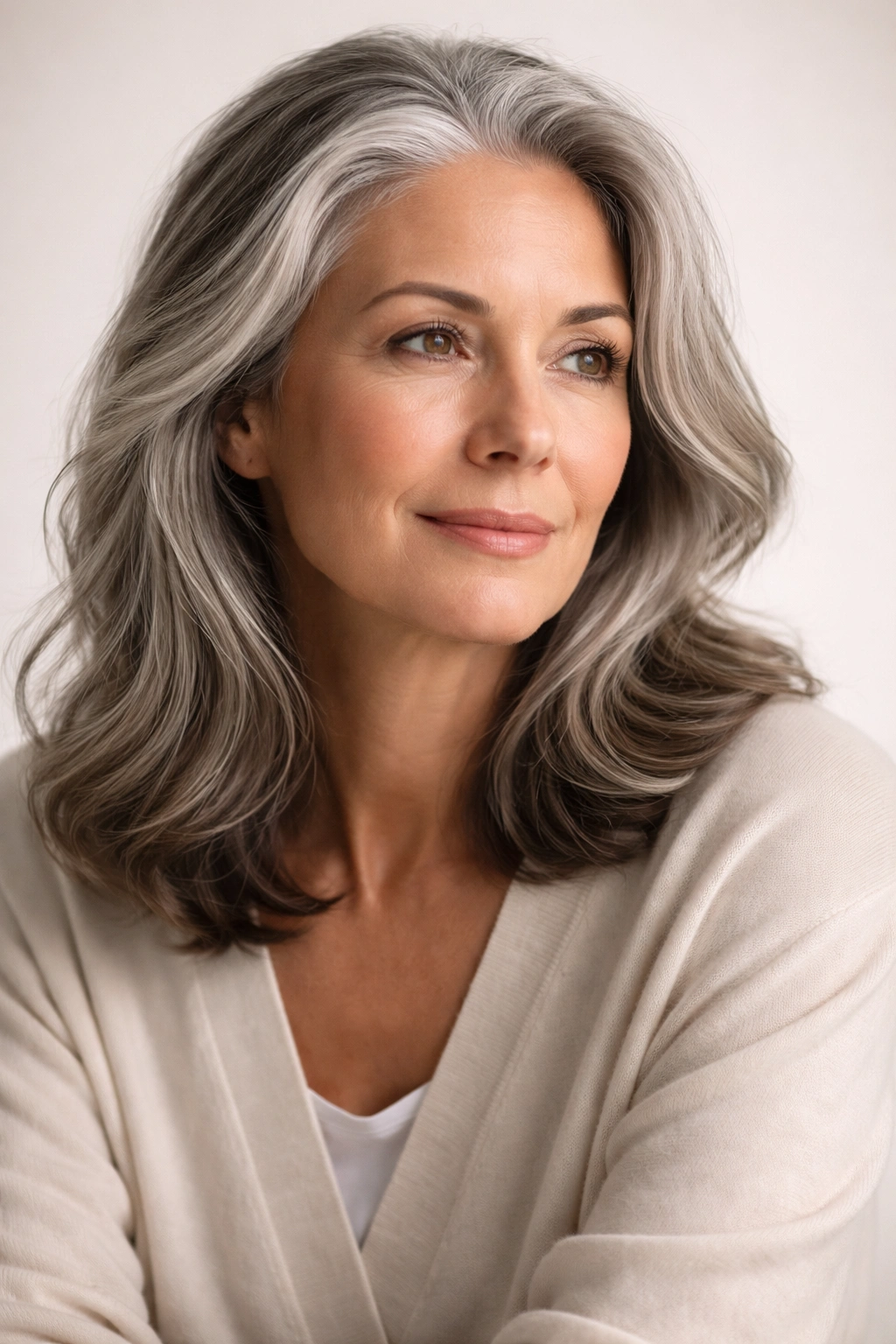 Portrait of a woman with natural gray hair reflecting patience during transition