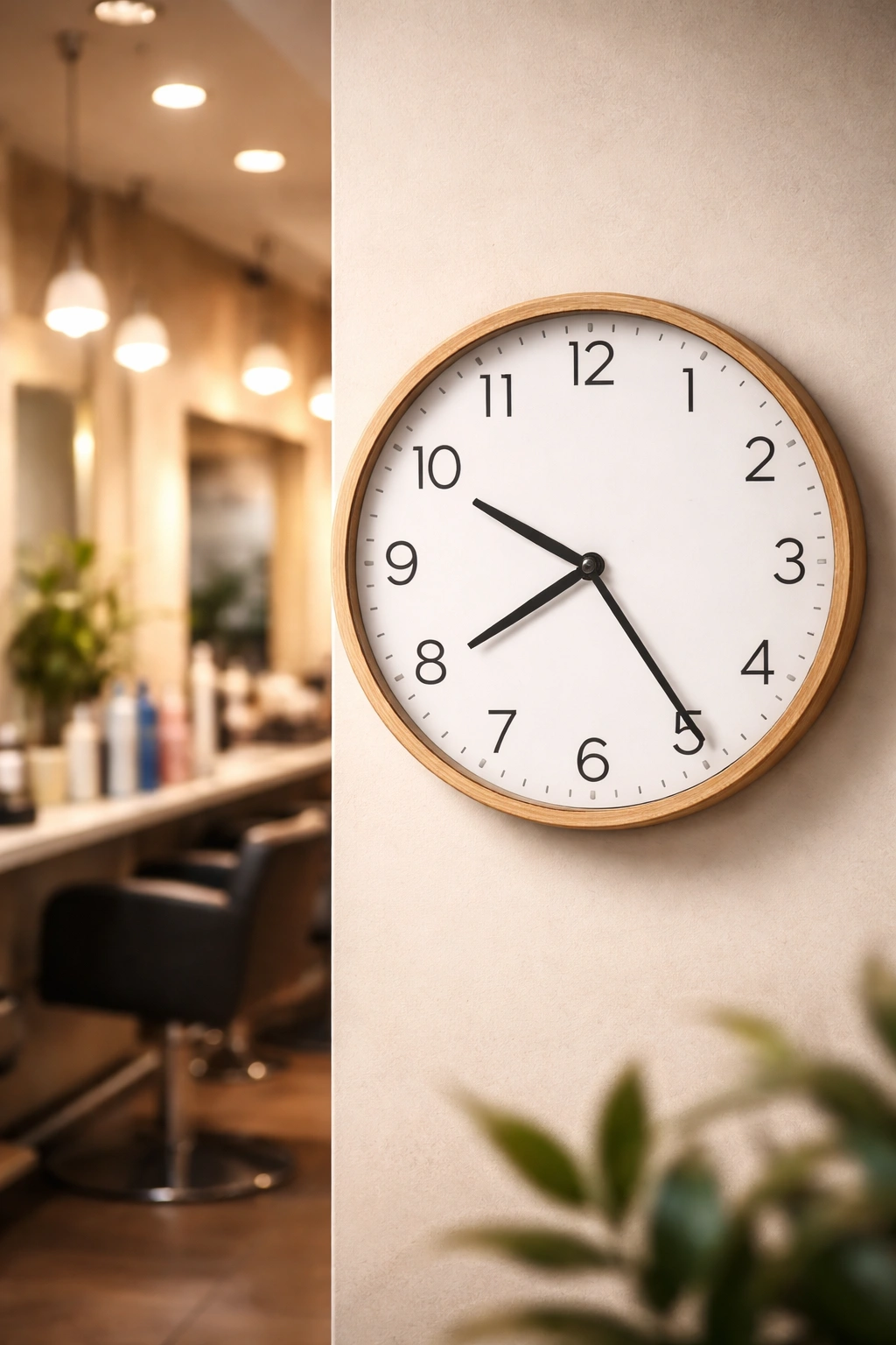 Close-up of a blank-faced clock in a salon, symbolizing timing during hair color processing