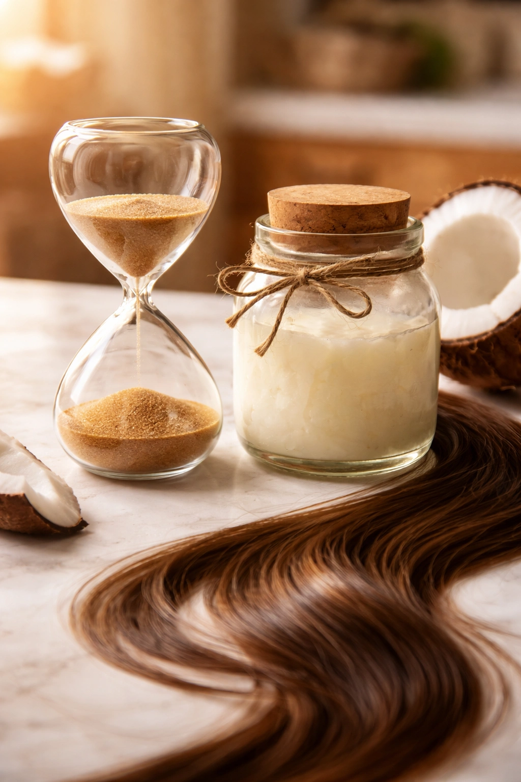 Hourglass with coconut oil bottle and hair strand representing timing for oil treatments