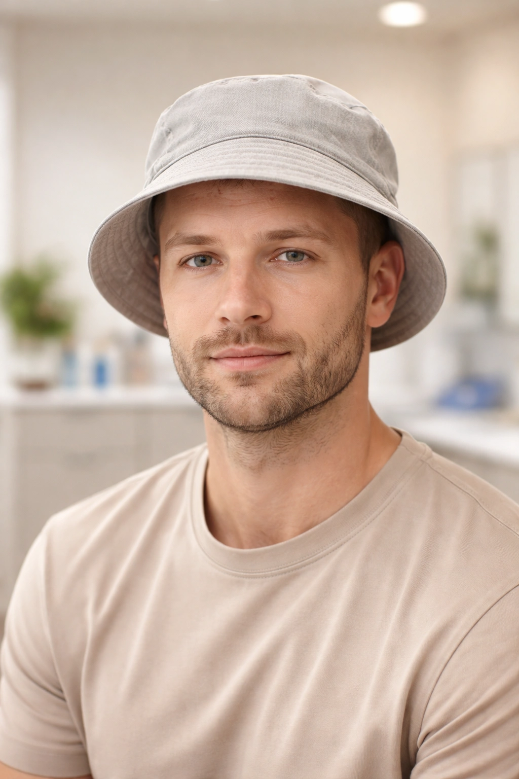 Patient wearing a loose, breathable hat to show cautious headwear timing