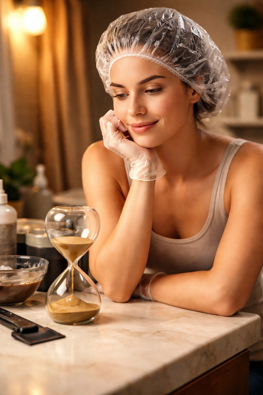 Person waiting during dye processing with hourglass on counter