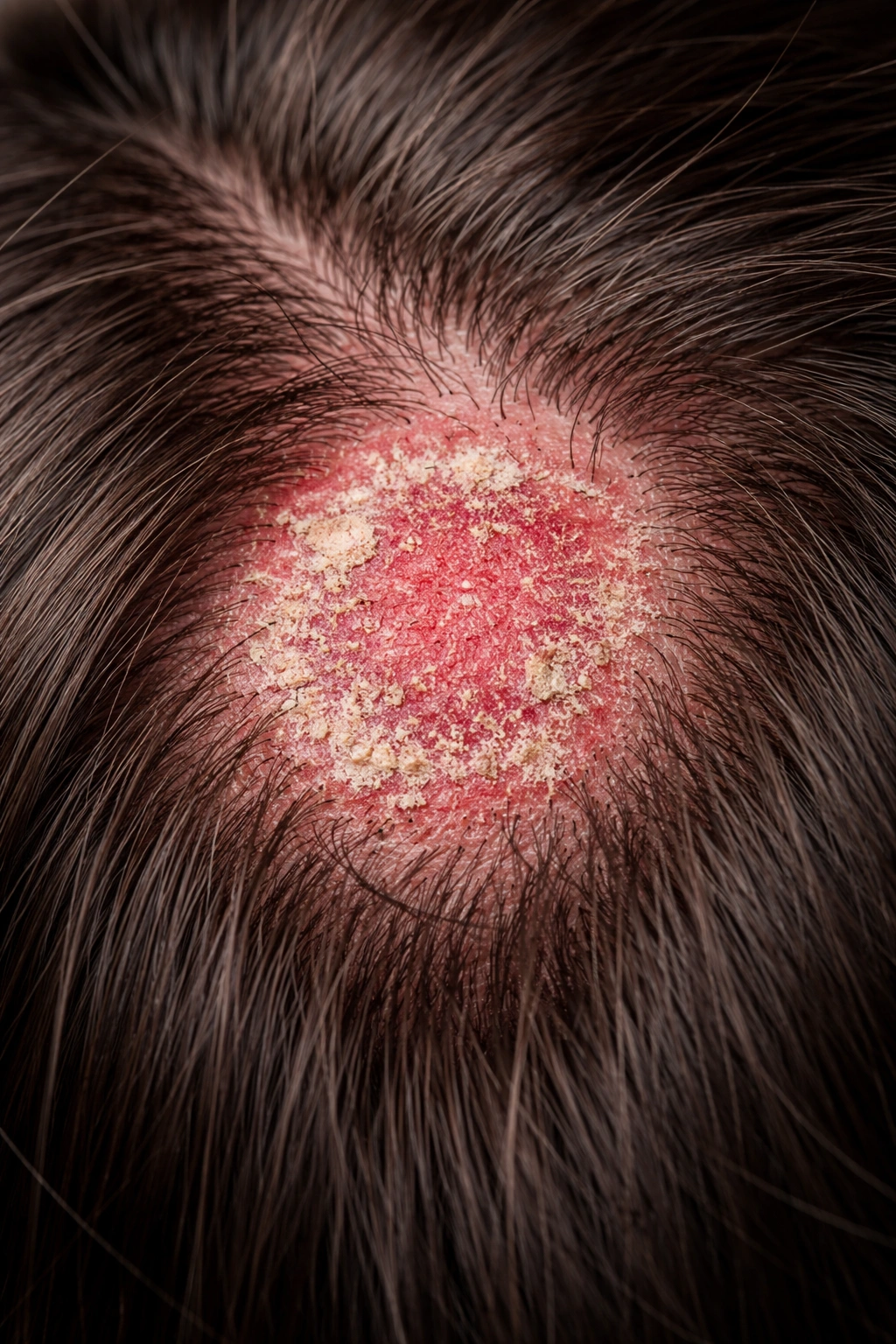 Close-up of scalp with circular ring-like patch from fungal infection