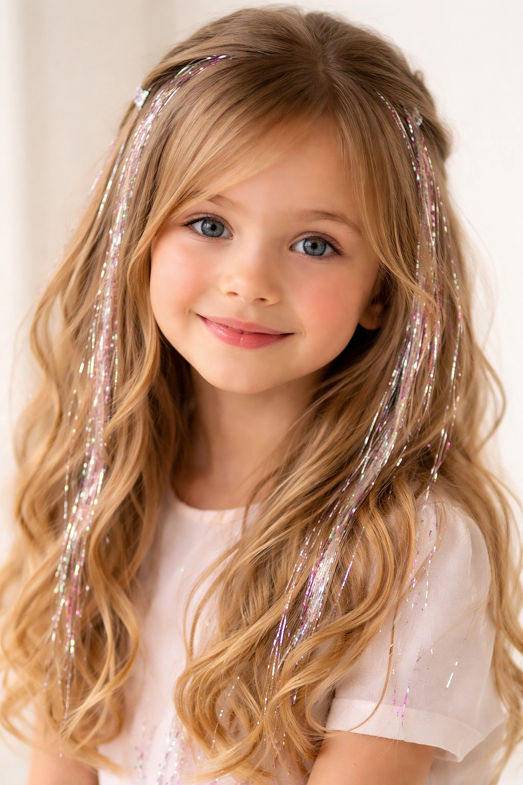 Hair with sparkling tinsel accents clipped in