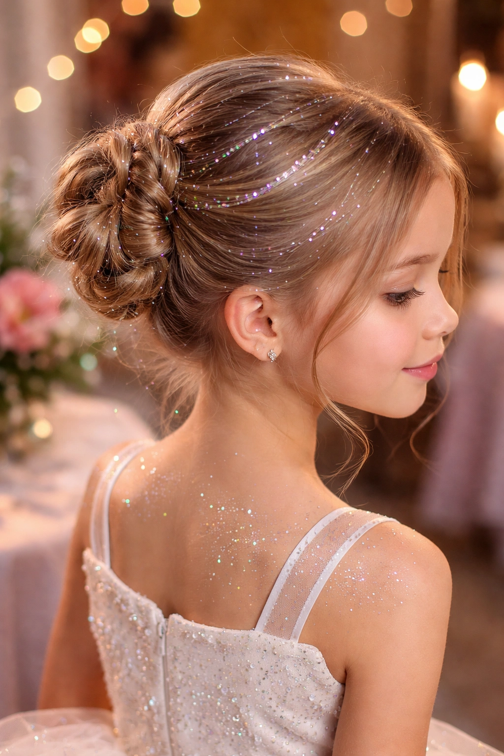 Close-up of a girl's updo with silver tinsel strands adding sparkle