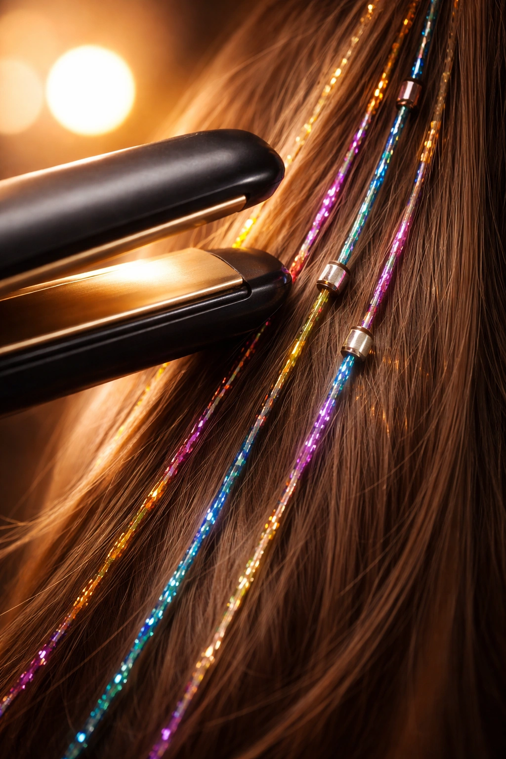 Hair with tinsel and a flat iron nearby to illustrate heat safety
