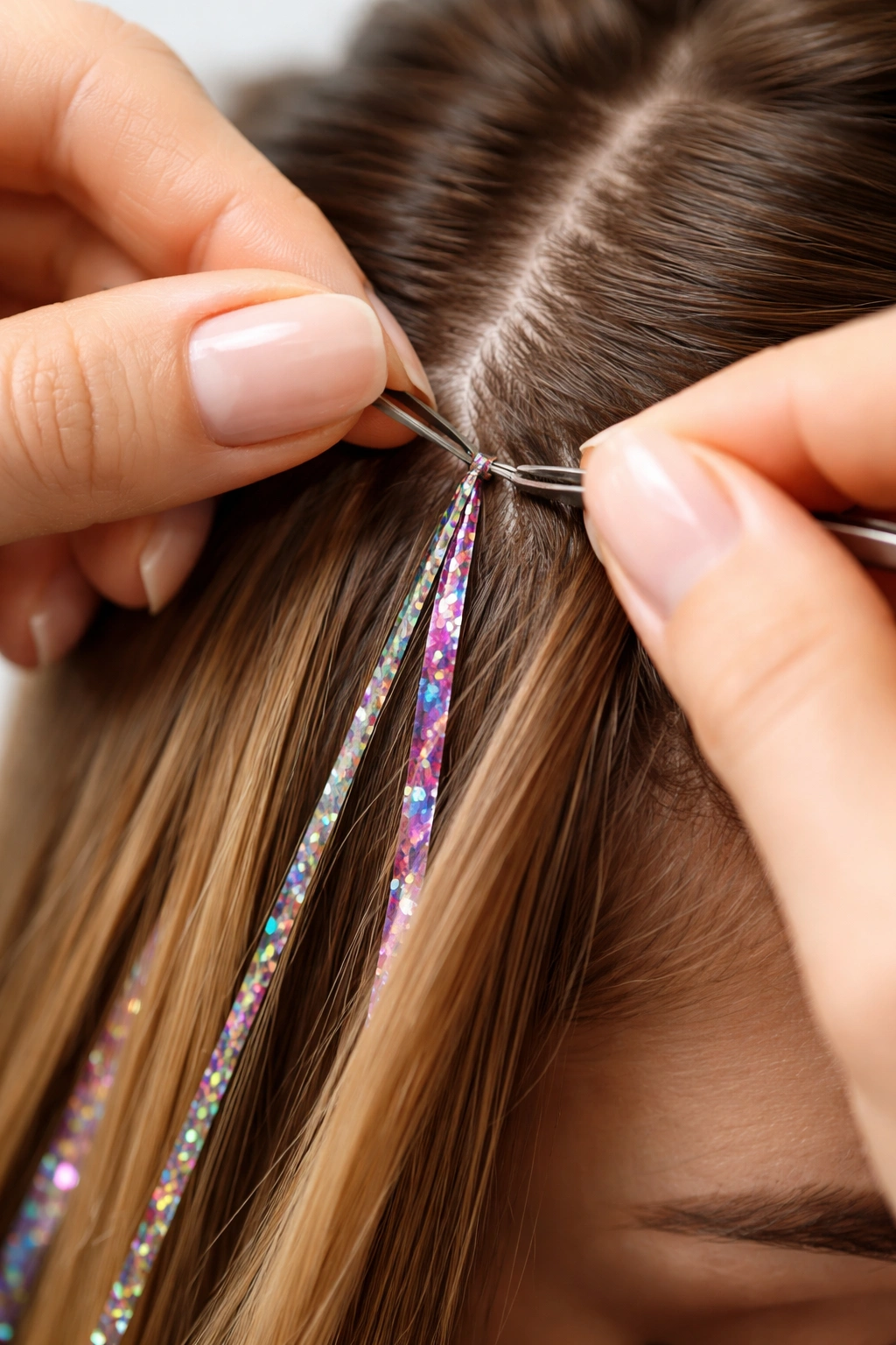 Hands tying a precise knot to secure tinsel at the scalp