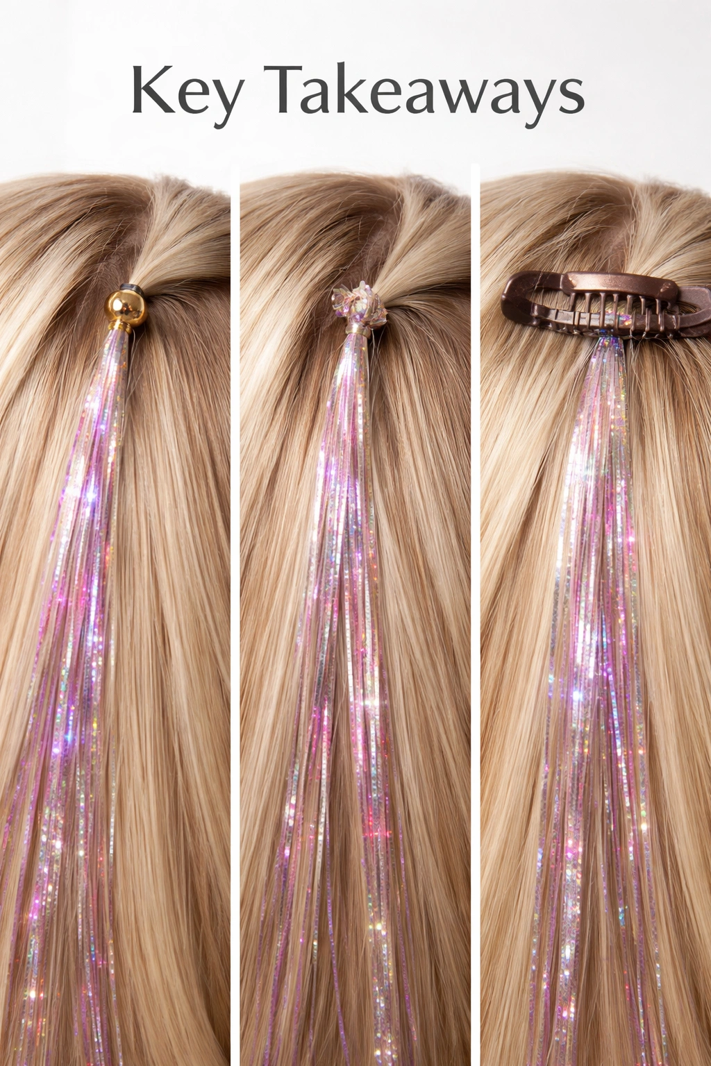 Three hair tinsel attachment styles showing long-wear options