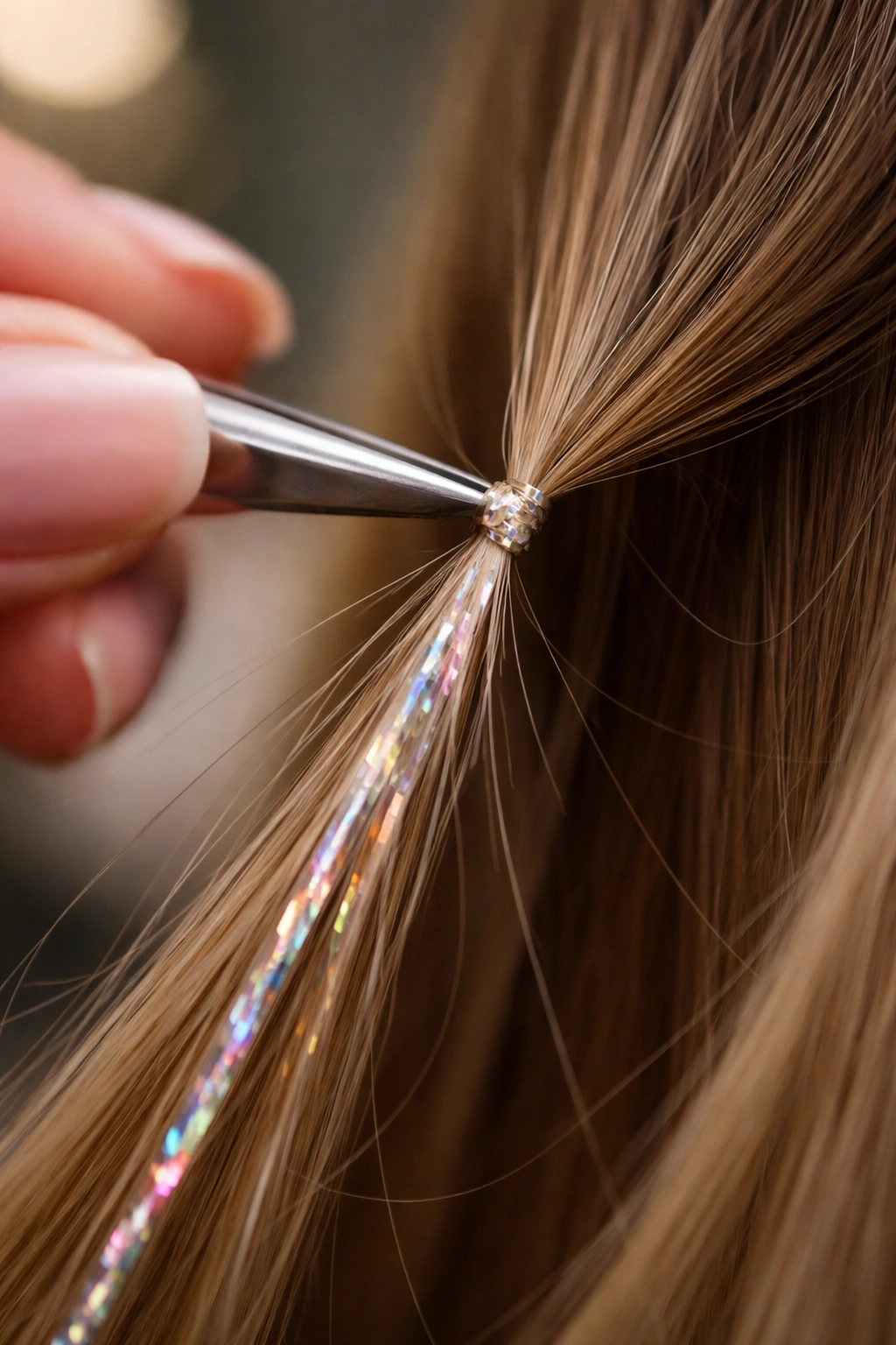 Macro close-up of a tightly tied knot on hair with tinsel