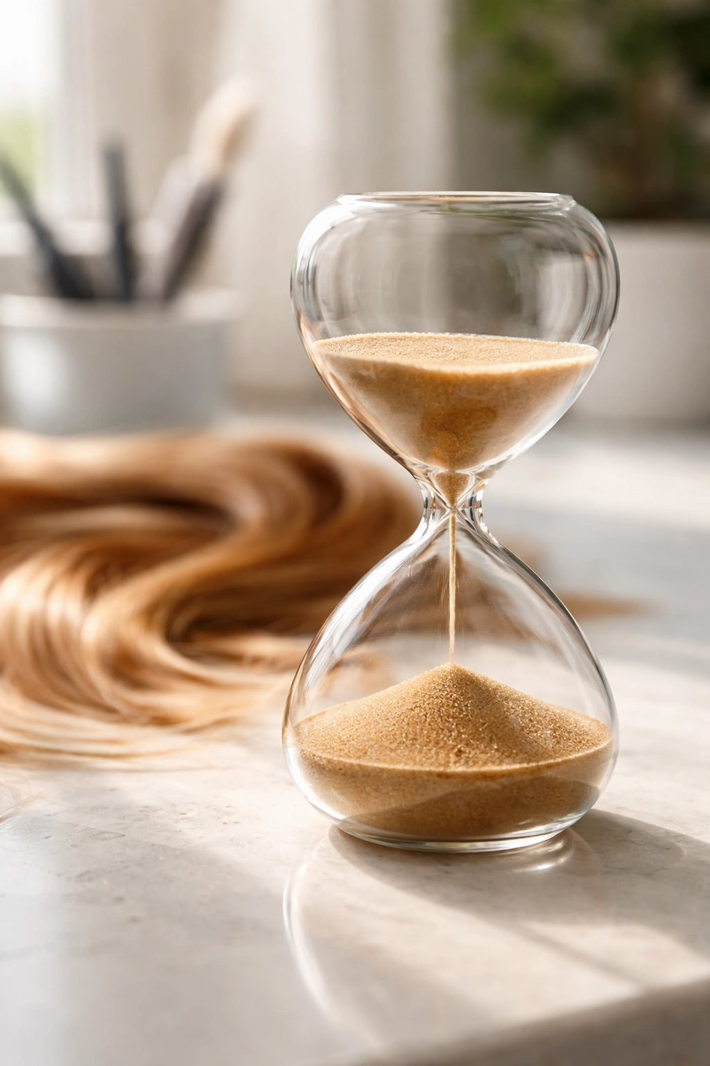 Hourglass with tinted hair in soft focus background.