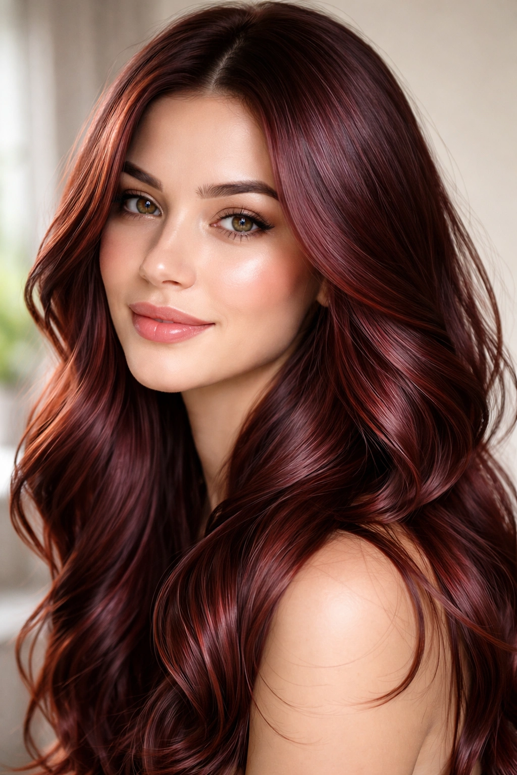 Glossy tinted hair with healthy shine in soft lighting