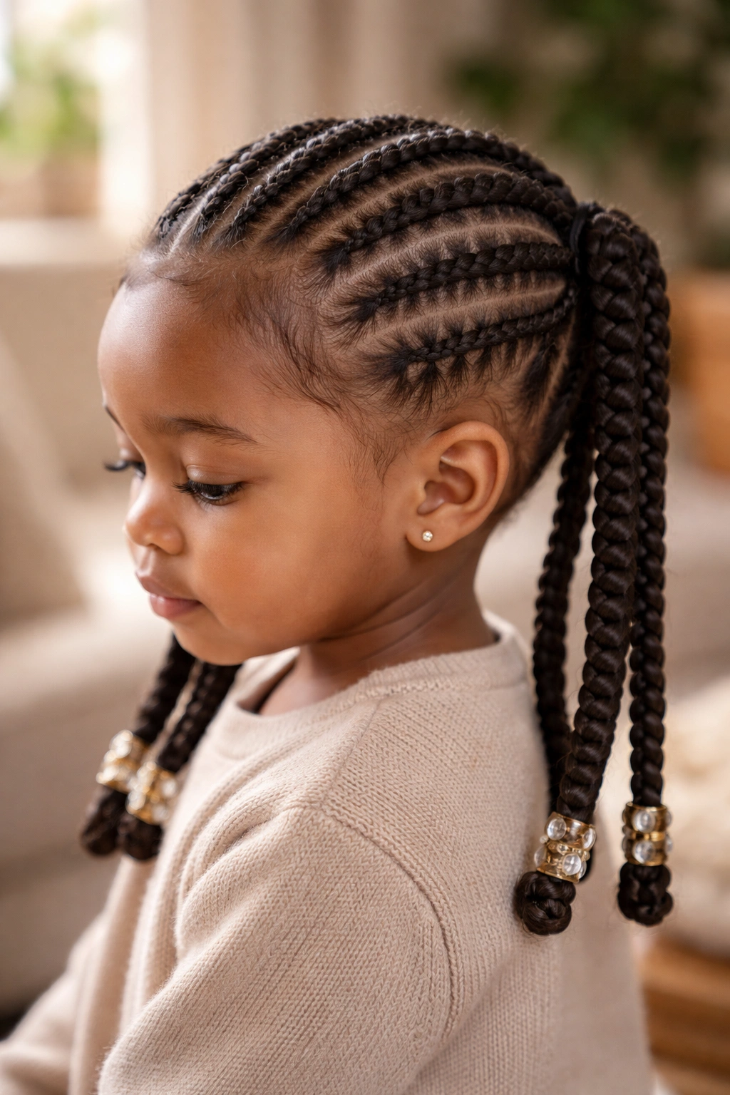 Close-up of a toddler's head with durable braided cornrows and protective braids, showcasing lasting hairstyle