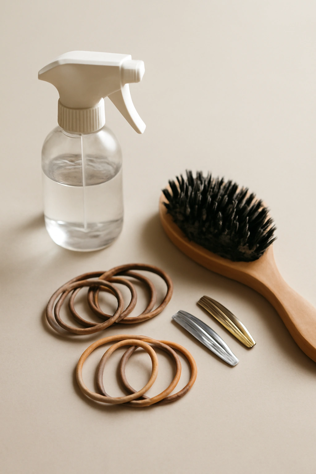15 Quick and Easy Toddler Braids for Busy Mornings 1 Close-up of toddler hair tools including spray bottle brush elastics and clips on a clean surface