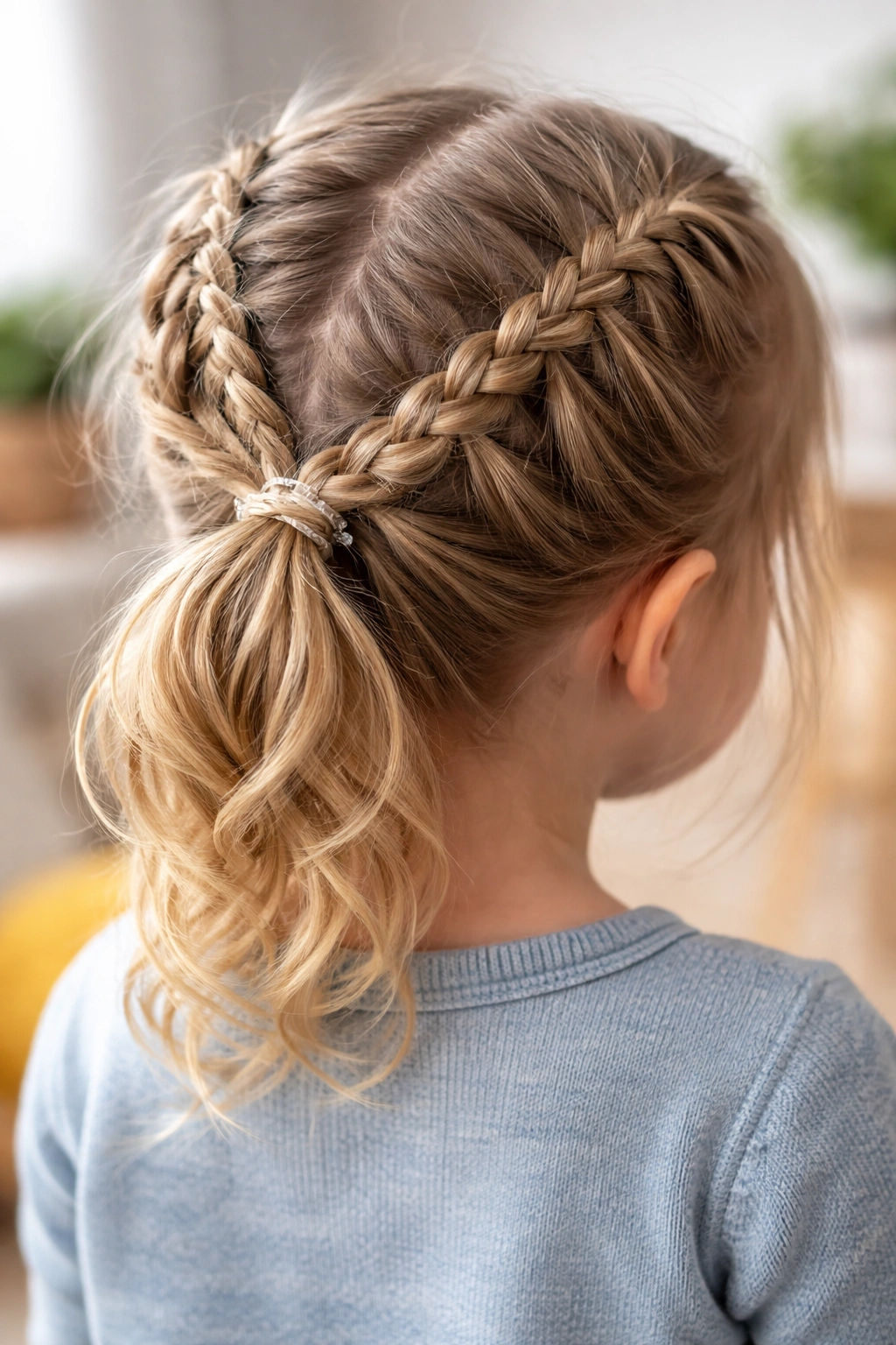 Close-up of a toddler's head from behind with a multi-anchor hairstyle showing durable hold