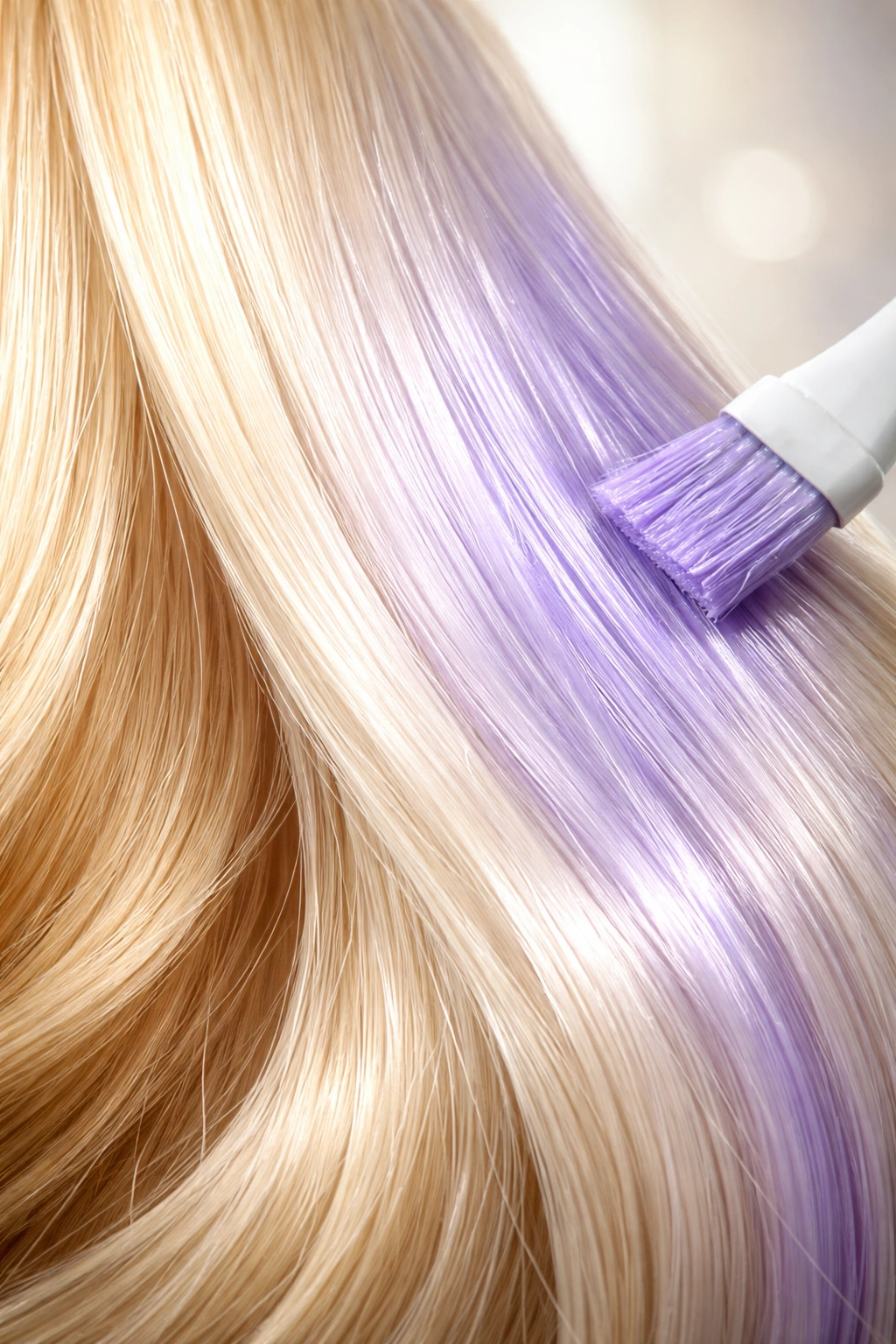 Blonde hair with purple-blue toner neutralizing yellow brassy tones