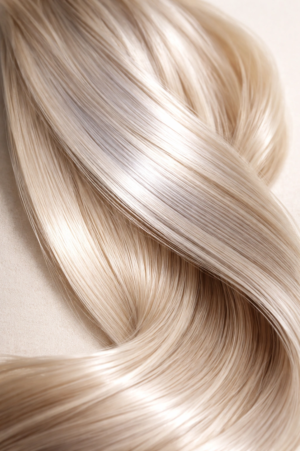 Hair with cool ash toner and glossy finish on neutral backdrop