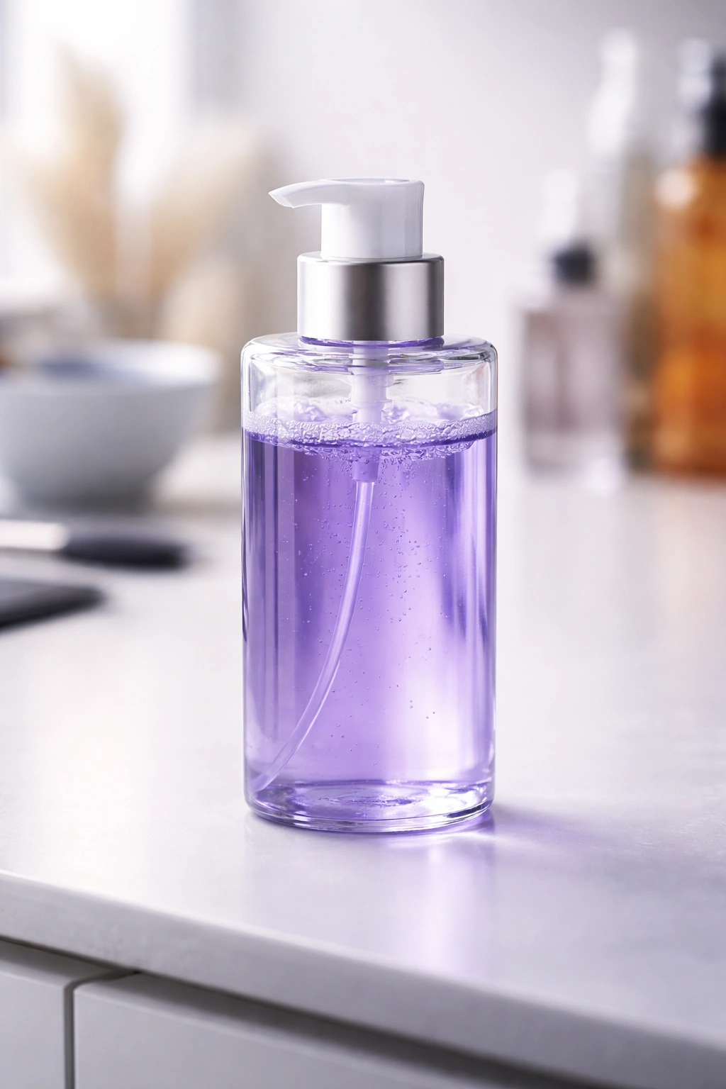 Close-up of a toner bottle with purple liquid on a clean salon surface, illustrating toning longevity