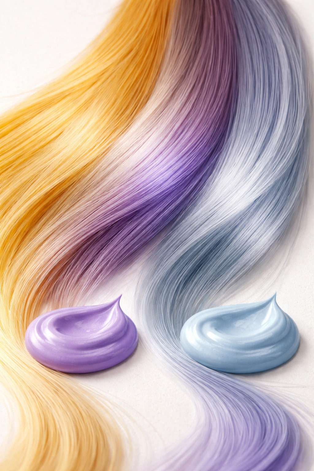 Hair strand transitioning from yellow to ash blue to illustrate toner color choice