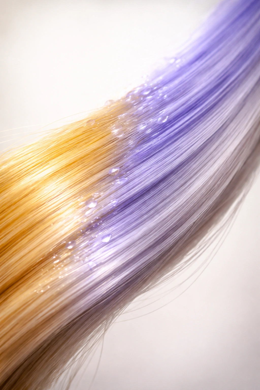 Close-up of a hair strand showing brassiness transitioning to cooler tones to illustrate toner color correction