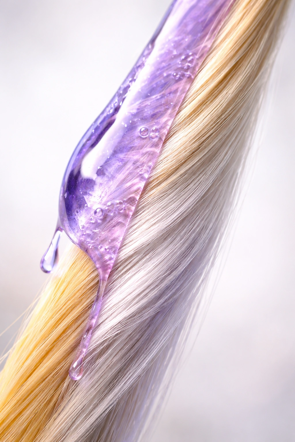 Close-up of blonde hair strand with violet-toned toner gloss