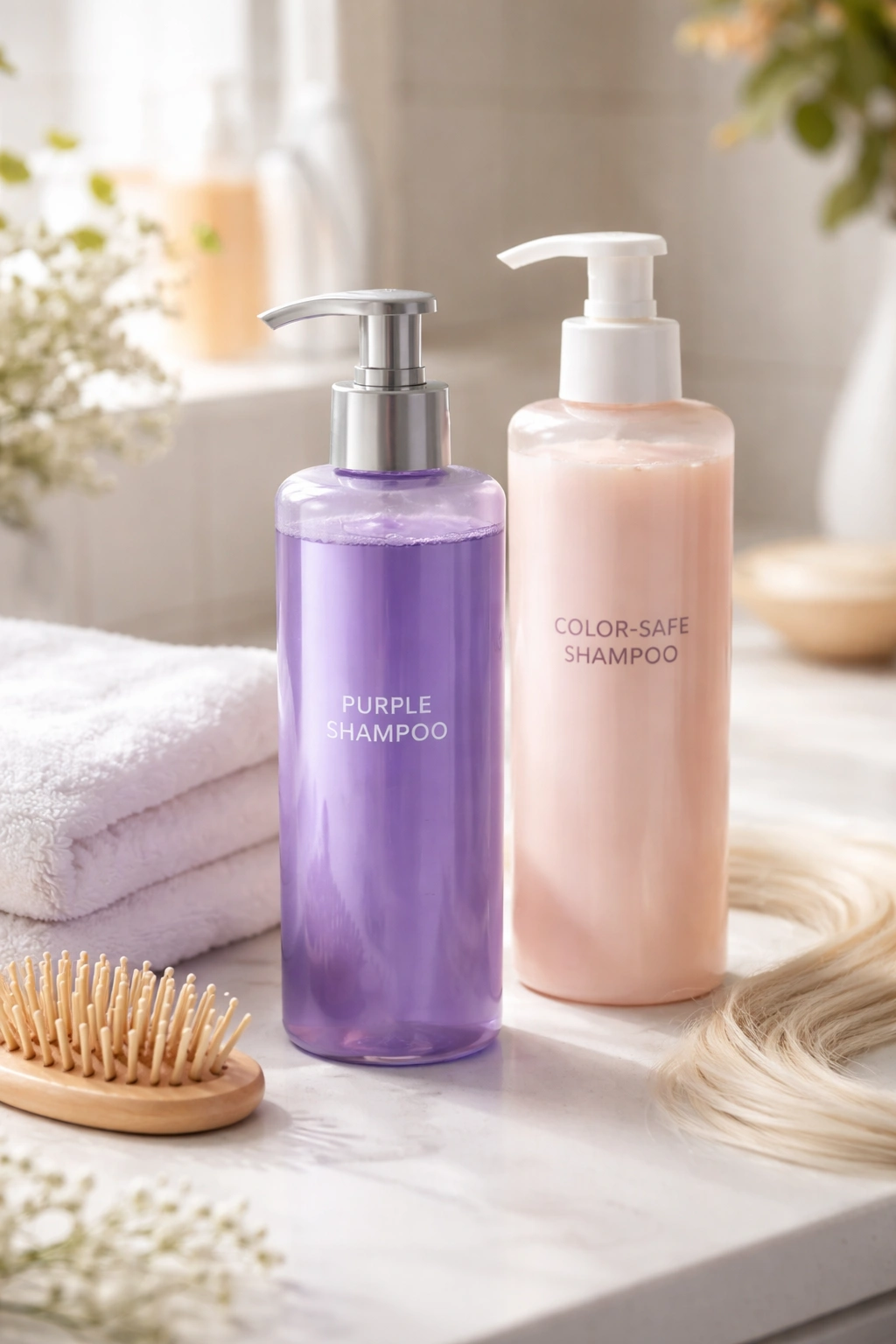 Purple shampoo and color-safe shampoo on a bathroom counter for toned hair maintenance