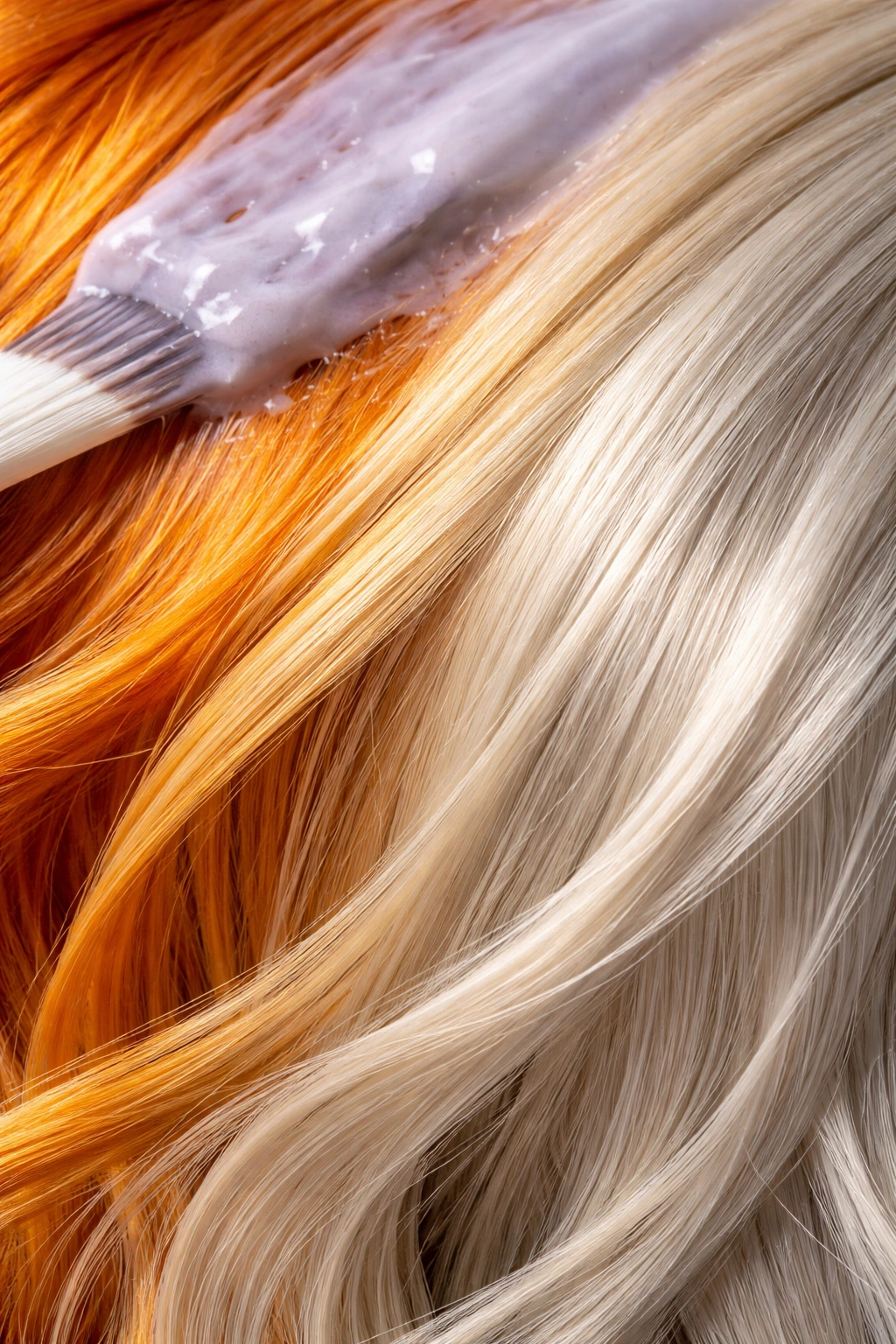 Hair strand transitioning from orange to cool ash under lighting