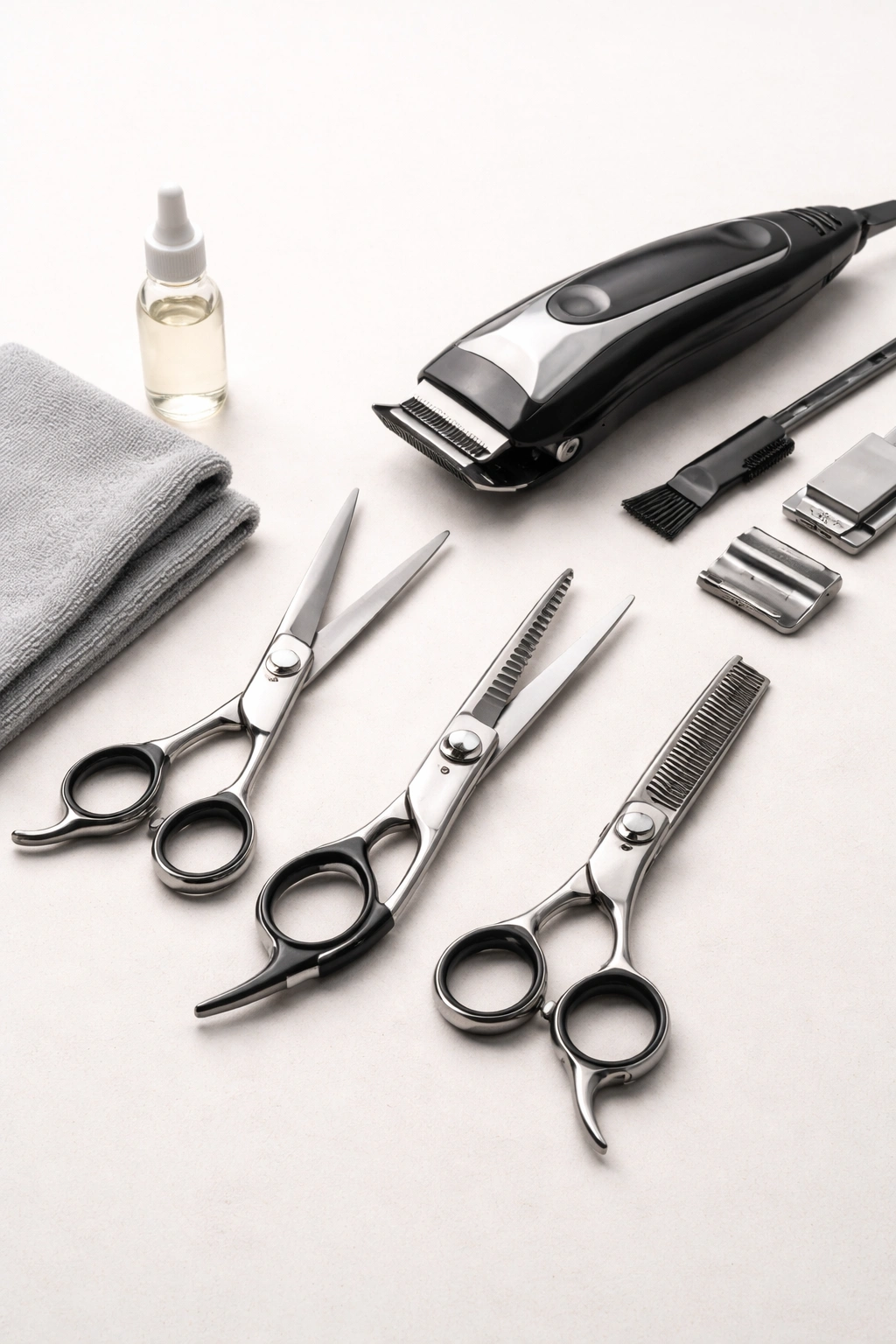 Flat lay of scissors and clippers with oil and cloth for maintenance