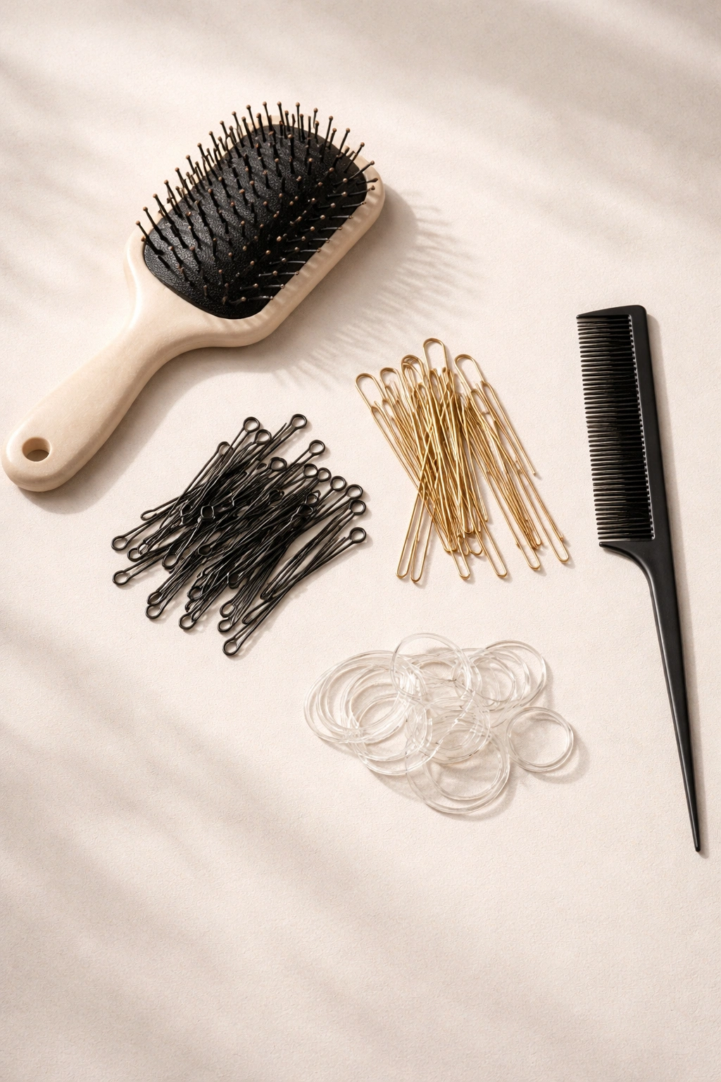Flat lay of hair pins, brush, comb, and elastic on a clean surface.