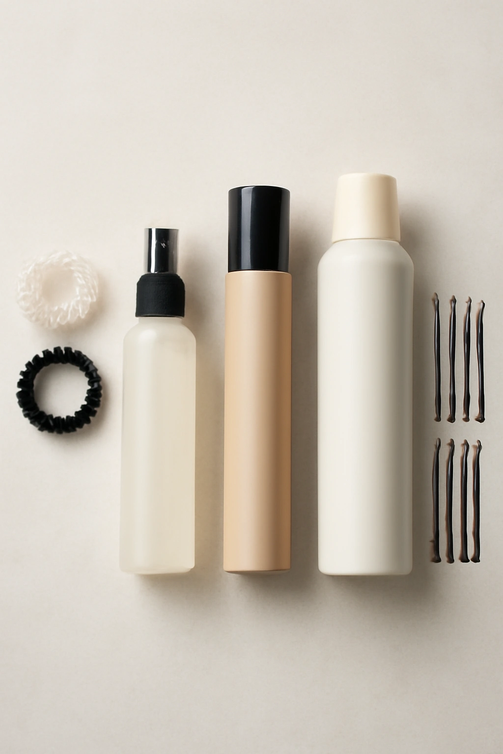 Minimalist still life of spiral hair ties and texture products for top knots