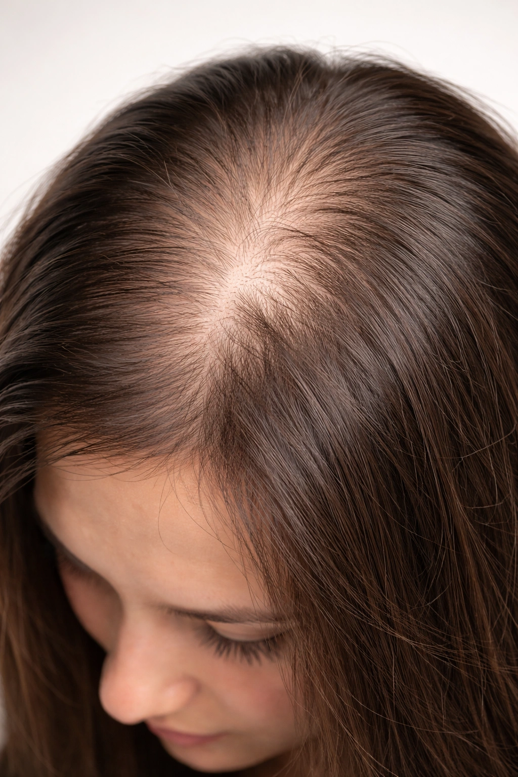 Close-up of scalp with thinning hair on the crown