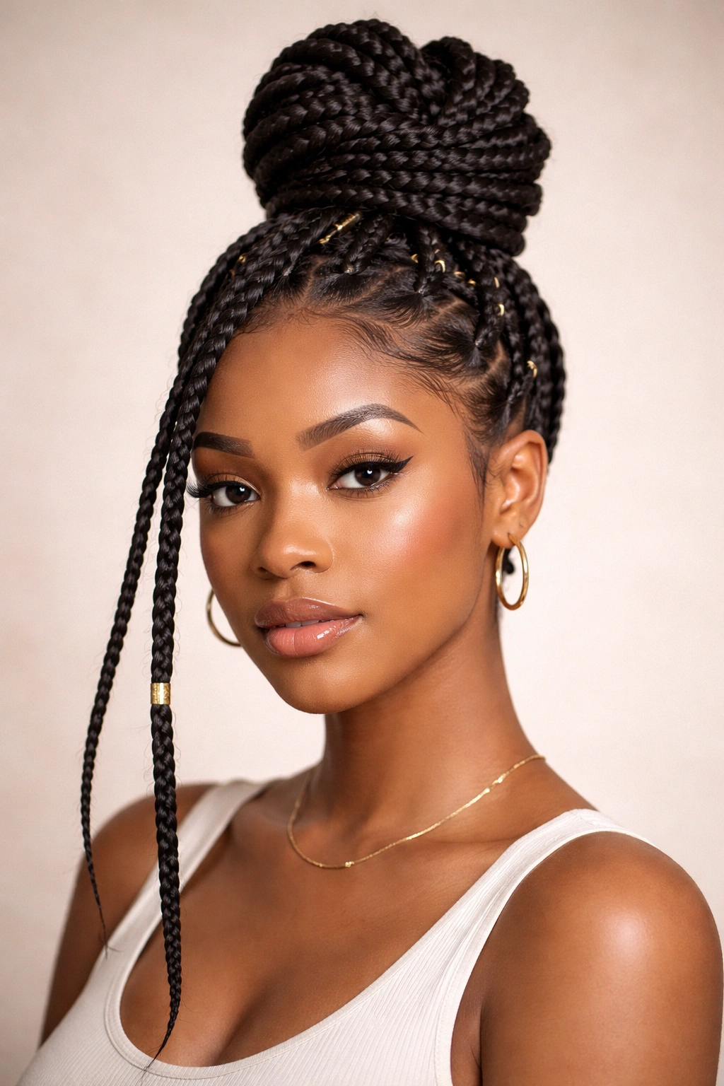 High top knot made from thick box braids.