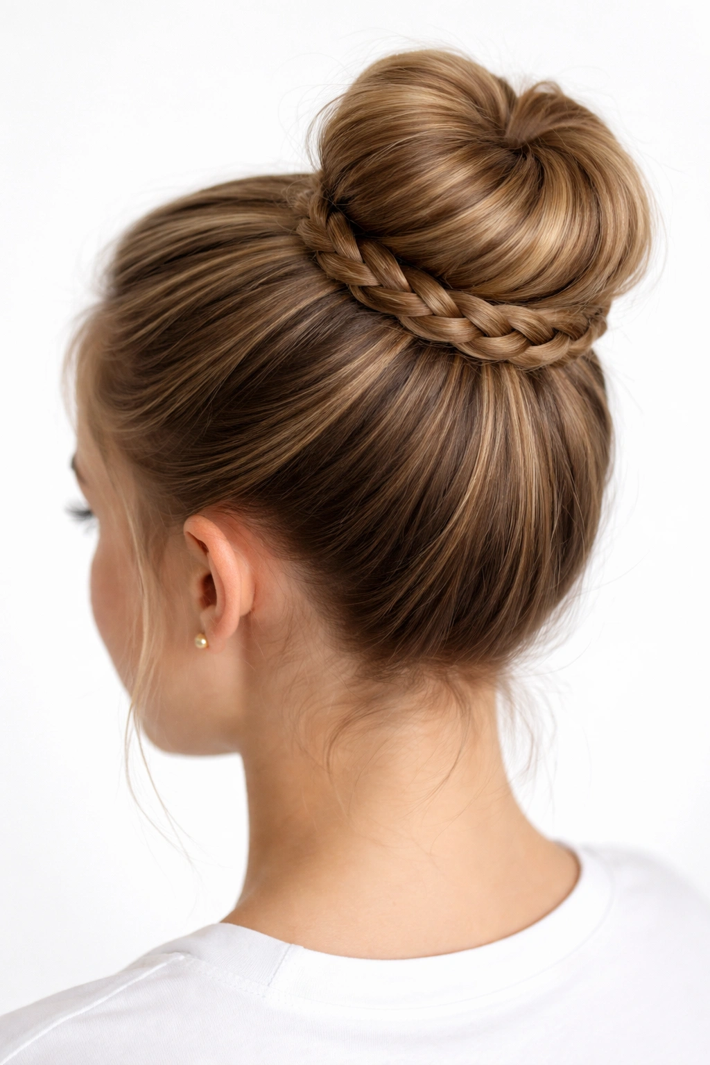 Top knot bun with braided wrap around base on a child's hair