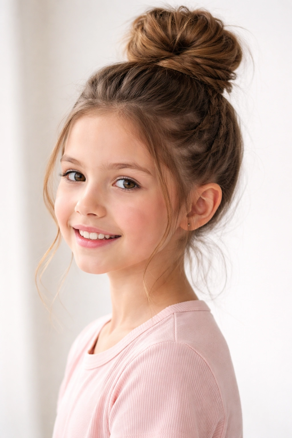 Top knot with side braids hairstyle on a child for a portrait