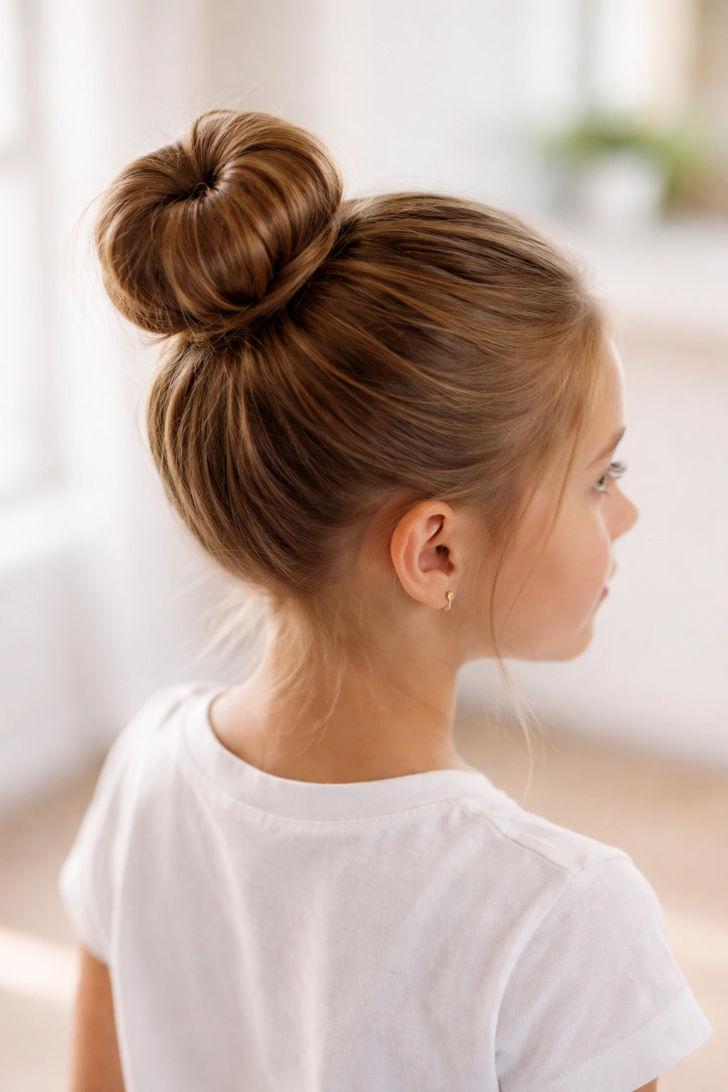 Top knot bun hairstyle on a girl under studio lighting