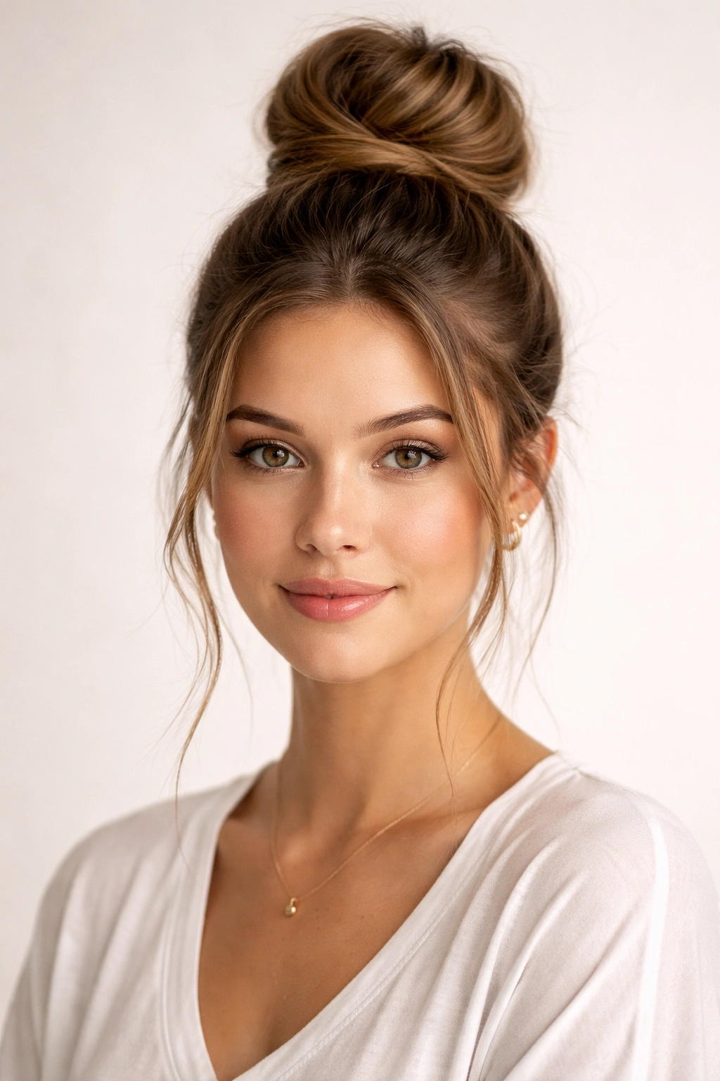 Front view of a high top knot bun with wispy pieces