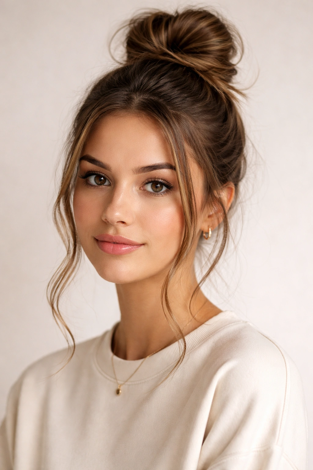 Top knot hairstyle with face-framing pieces