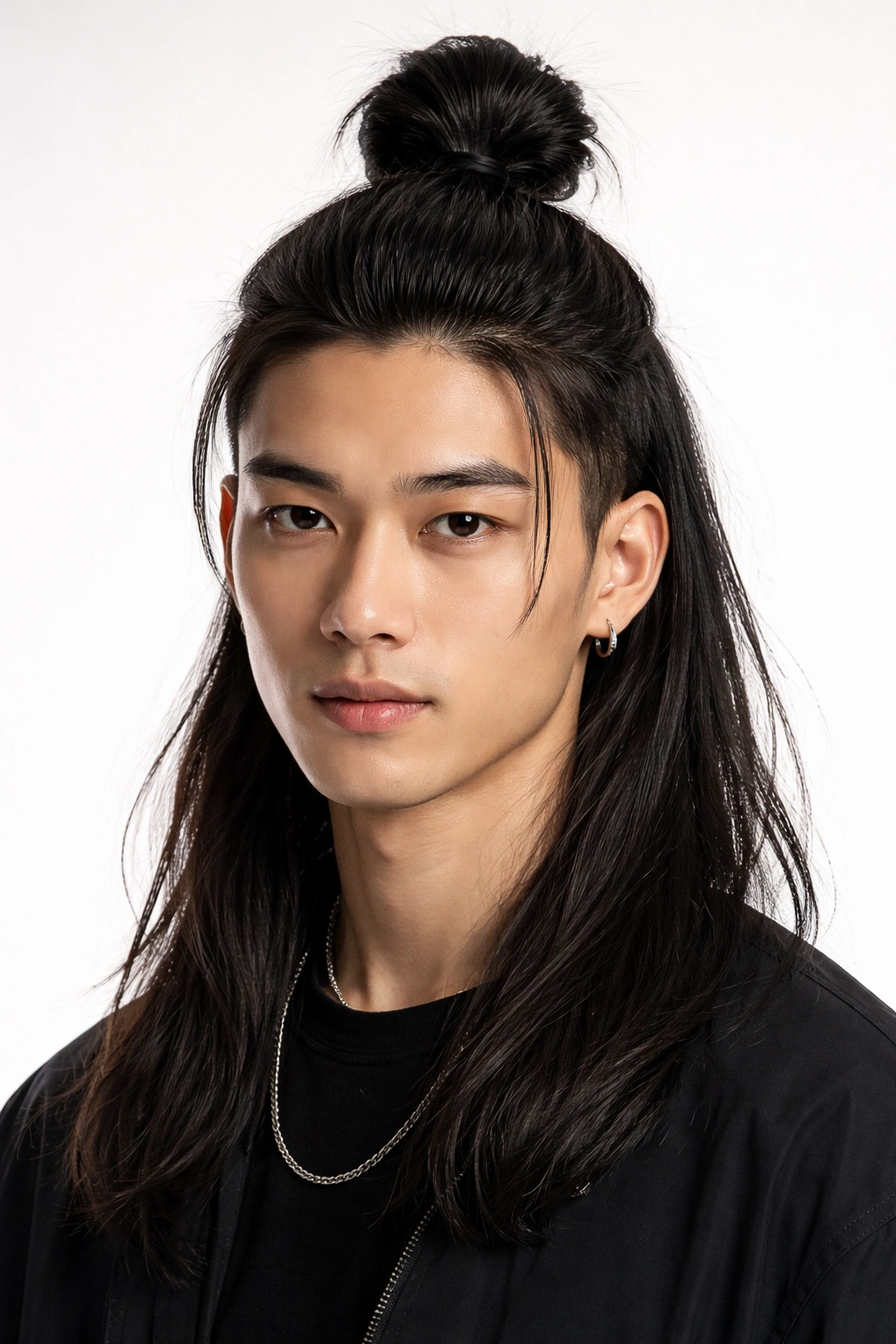 High top knot of long hair on crown with neat sides